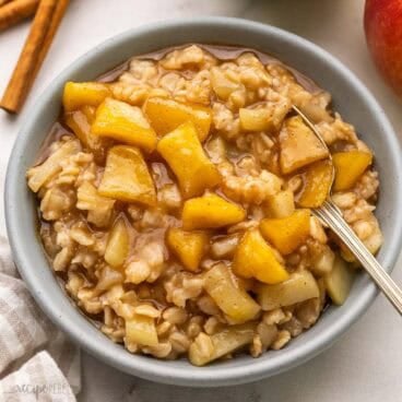 apple cinnamon oatmeal in bowl with cinnamon sticks beside.