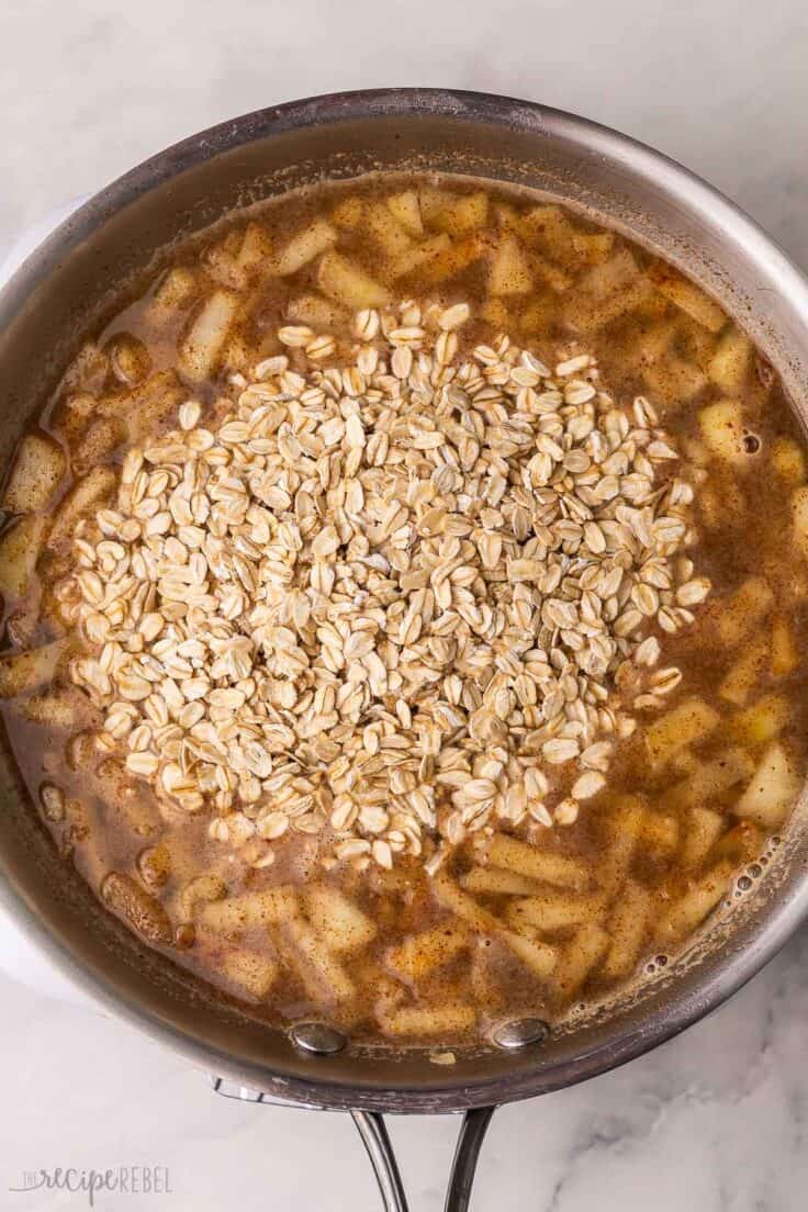 oatmeal added to other ingredients in pan.