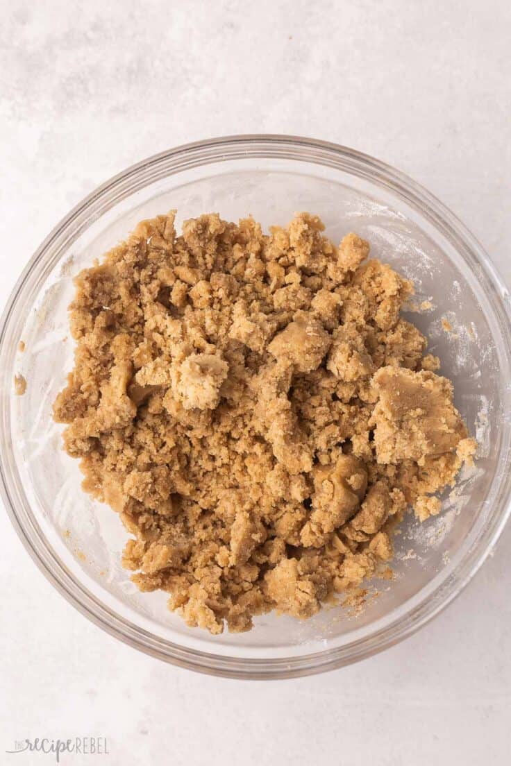 crumble mixture in a glass bowl.