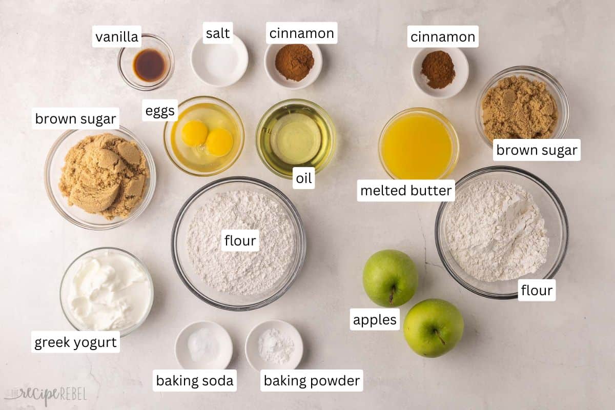 This Apple Coffee Cake with Crumb Topping is the perfect fall breakfast or dessert -- Greek yogurt makes it so moist and it's loaded with apples and the best crunchy brown sugar streusel! #cake #baking #dessert | apple desserts | apple cake | coffee cake recipe | baking from scratch | apple season | apple recipes ingredients needed for apple coffee cake recipe.