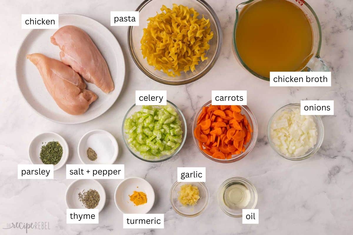 This homemade Chicken Noodle Soup is loaded with tender vegetables, shredded chicken, and egg noodles simmered in a delicious broth! It's the perfect hearty, healthy dinner for any night of the week. #soup #dinner #recipe | soup recipes | chicken recipes | chicken breast | chicken soup | comfort food | healthy dinner ingredients needed for chicken noodle soup in bowls and plate.