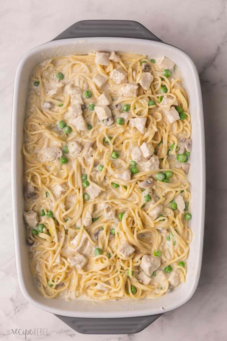large dish filled with unbaked chicken tetrazzini.