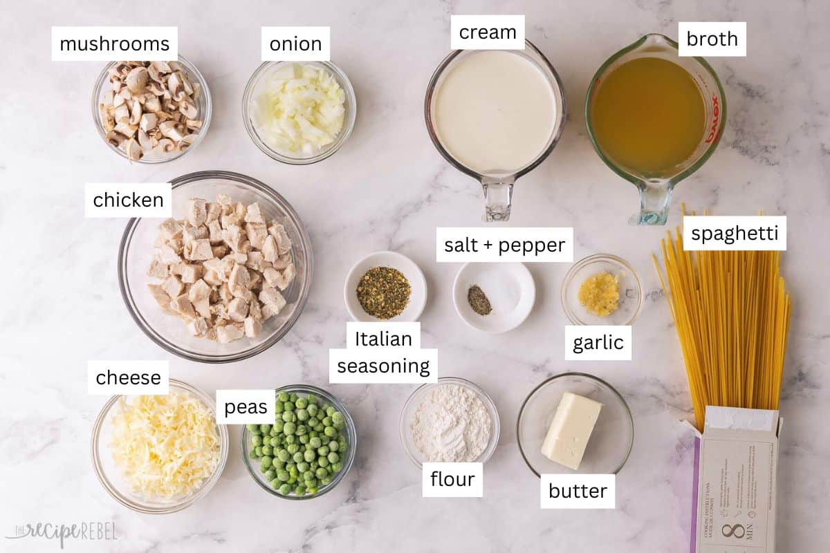 Chicken Tetrazzini is a cozy pasta bake recipe made with tender chicken, sautéed mushrooms, and peas, all tossed in a creamy homemade sauce, topped with mozzarella cheese and baked until golden! It's classic comfort food! #chicken #dinner #pasta | pasta bake | pasta recipe | casserole recipes | comfort food | leftover chicken | chicken pasta | easy dinner ideas | make ahead meal ingredients needed for chicken tetrazzini in bowls.