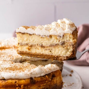 a piece of cheesecake being lifted out of the cheesecake.