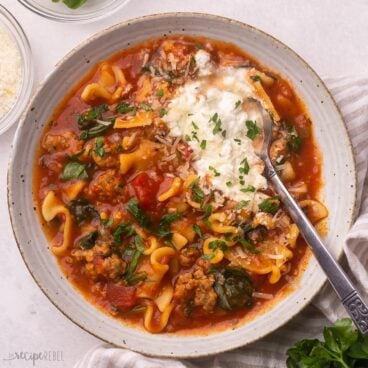 square image of lasagna soup in bowl with spoon.