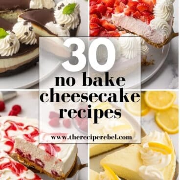 square collage of no bake cheesecake recipe images with text overlay.