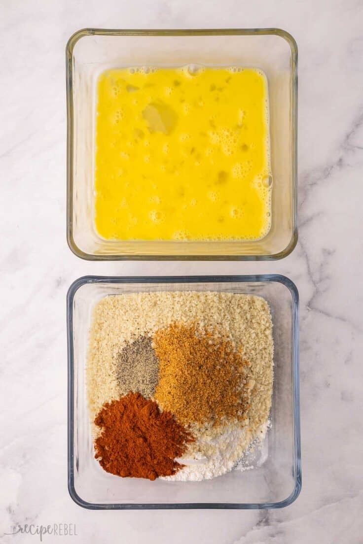 two square glass dishes filled with wet and dry ingredients.
