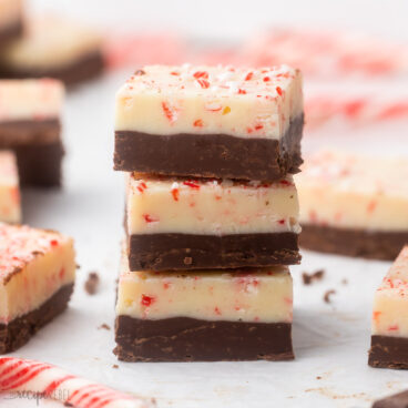 Close-up of a stack of Peppermint Bark Fudge.