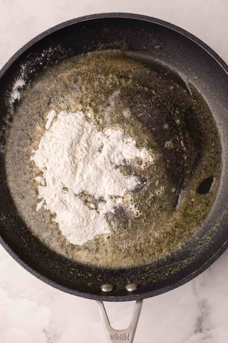 flour added to pan with other ingredients.