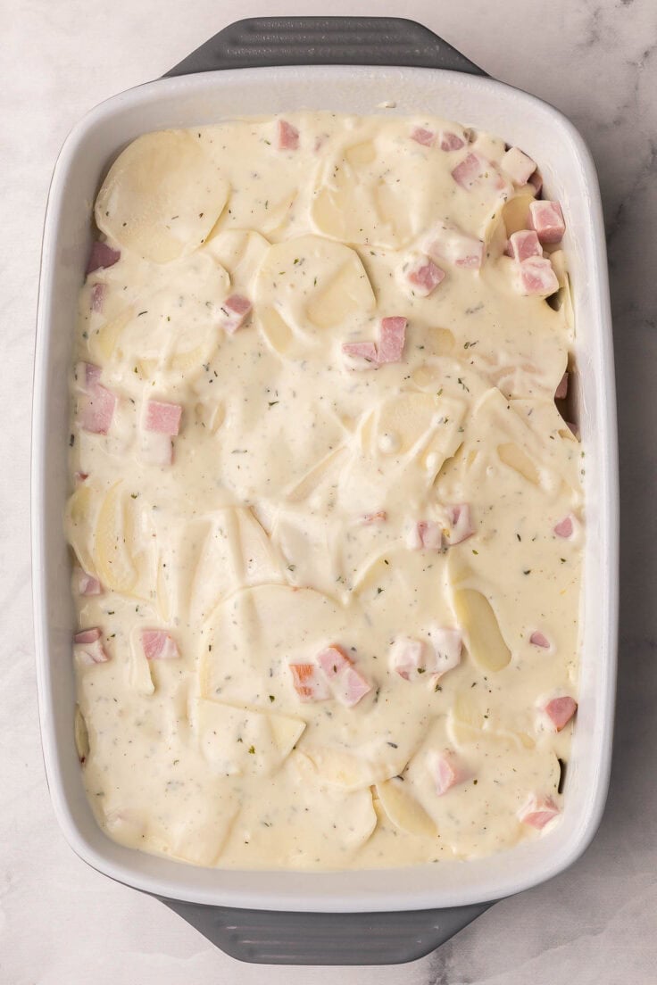 sauce added to pan of scalloped potatoes.