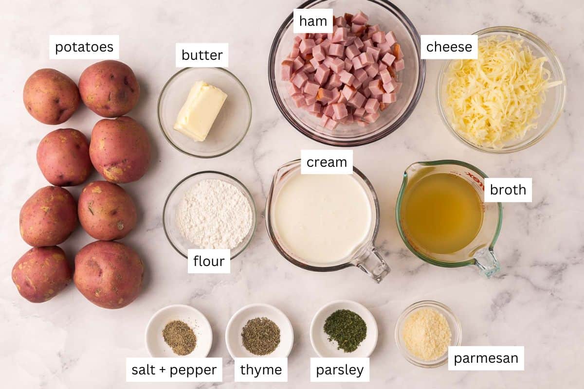 Scalloped Potatoes and Ham is a cheesy, creamy potato casserole made with layers of potatoes and ham cooked in a creamy white sauce. It's a comforting side dish perfect for a holiday meal or Sunday dinner! #dinner #recipe | potatoes | potato recipe | casserole recipe | holiday side dish | side dishes | comfort food ingredients needed for scalloped potatoes and ham in bowls.