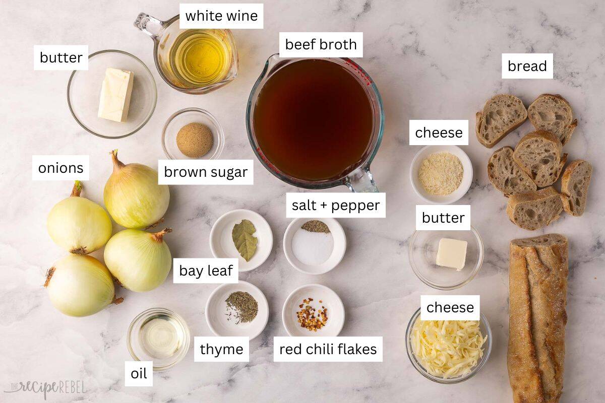 This Slow Cooker French Onion Soup is loaded with caramelized onions, a rich broth, and topped with crusty bread and melty cheese! It's just like the classic version with a more hands-off approach for busy days. #soup #recipe #dinner | slow cooker soup | crockpot soup | slow cooker recipes | comfort food | easy dinner ideas ingredients needed for slow cooker french onion soup in bowls.