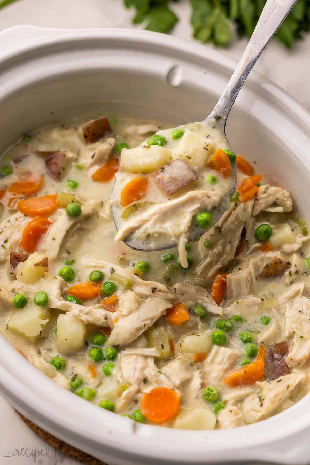 This Slow Cooker Garlic Parmesan Chicken Stew is made with chicken breasts, tender potatoes and vegetables, all simmered in a cheesy, creamy broth! It's the perfect easy crockpot meal to warm you up on a chilly day. #crockpot #slowcooker #dinner | soup recipe | healthy dinner | dinner ideas | chicken dinner ideas | chicken breast | comfort food a spoon scooping garlic parmesan chicken stew out of white slow cooker.