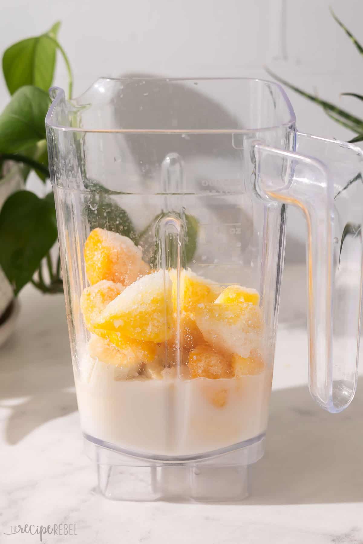 This Tropical Smoothie is made with banana, mango, pineapple, Greek yogurt, and coconut milk or pineapple juice! It's a great way to enjoy a taste of the tropics without leaving your kitchen. #smoothie #recipe #drink | drink recipes | smoothie recipes | fruit smoothies | healthy recipes | breakfast | healthy snack blender full of unmixed tropical smoothie ingredients.